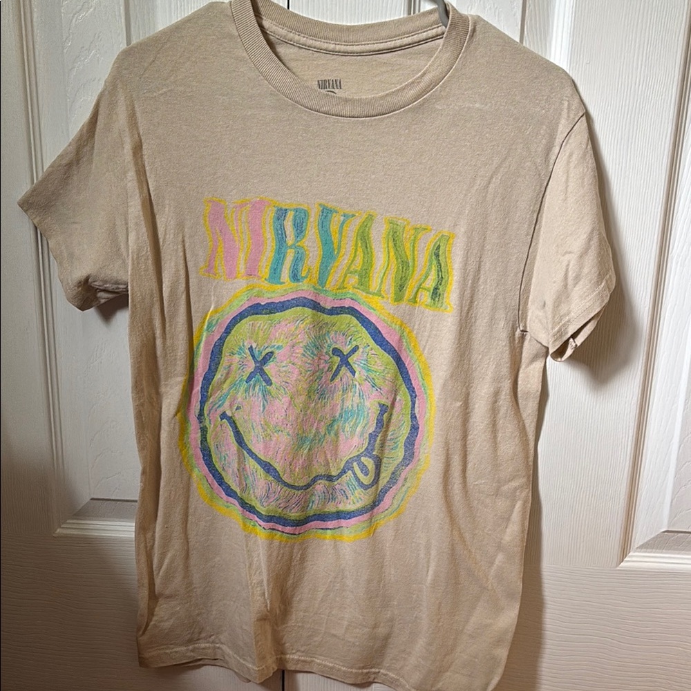 NIRVANA Tan Tee with Colorful Smiley Design